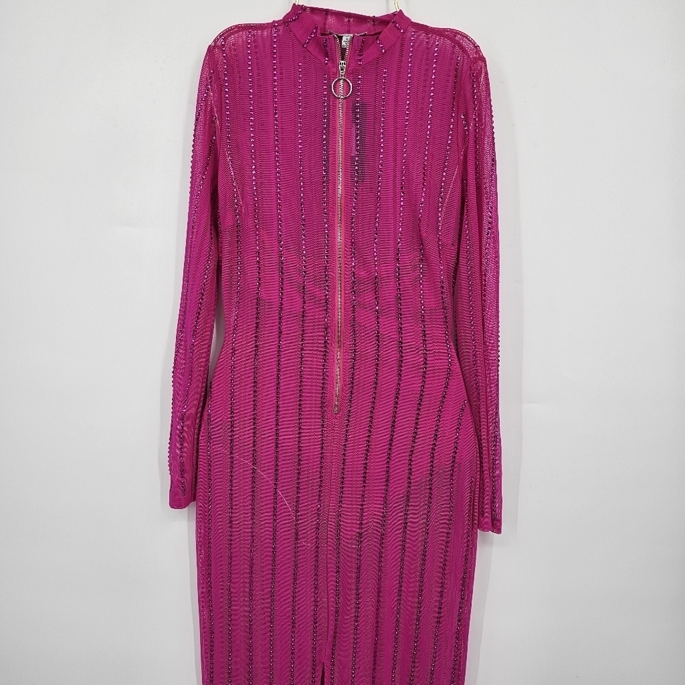 Fashion Nova Hot Pink Rhinestone Bodycon‎ Midi Dress Size S NWT - Picture 4 of 7